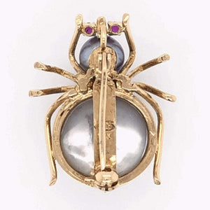Vintage Large Pearl & Ruby Gold Spider Brooch Pin Pendant Fine Estate Jewelry