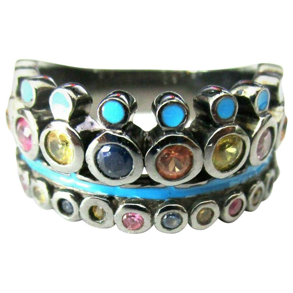 Designer Matthew Campbell Laurenza Blue Enamel Gem Sterling Silver Crown Ring