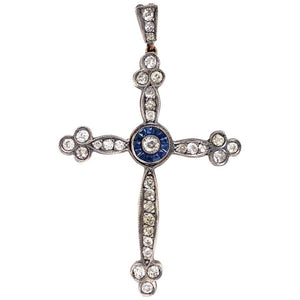 Antique Victorian Diamond and Sapphire Cross Pendant Estate Fine Jewelry