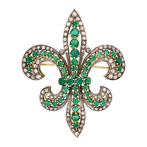 Diamond and Emerald Silver on Gold Fleur-De-Lys Brooch Pin Estate Fine Jewelry