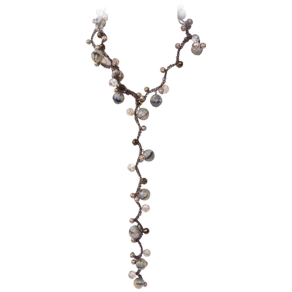 Long Brown Faux Agate Pearl Crystal and Stainless Steel Sautoir Necklace