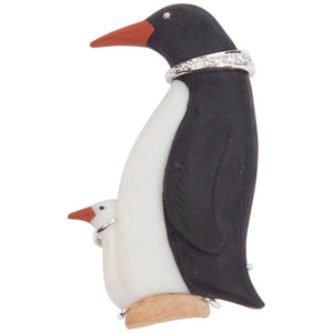 Beautiful Mother and Baby Penguin Gemstone Diamond Gold Brooch Pin