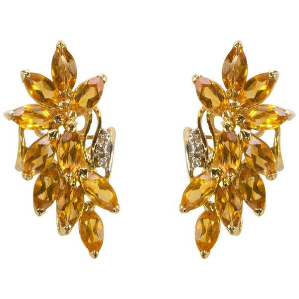 Honey Topaz Spray and Diamond Gold Stud Earrings