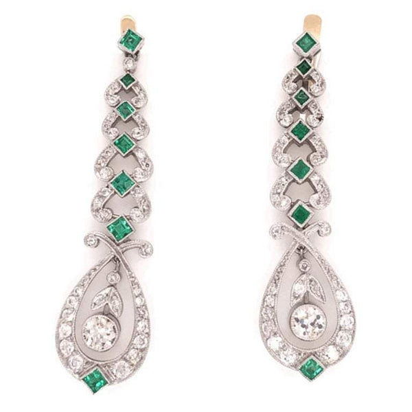 Art Deco Diamond and Emerald Platinum Dangle Earrings Estate Fine Jewelry