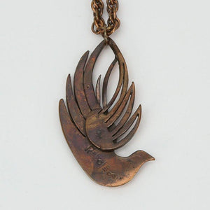 Mid Century Modern signed Rebajes Dove Bird Copper Pendant Chain Necklace