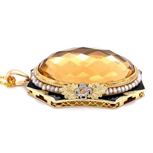 Antique Citrine Pearl Enamel Gold Mourning Pendant Necklace Estate Fine Jewelry