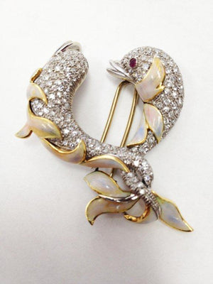 Diamond Enamel Gold Dolphin Statement Pin Brooch