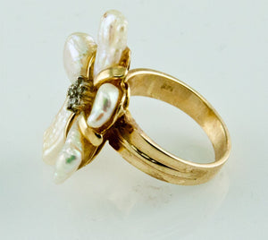 Modernist Freeform Pearl Petals Diamond Gold Cluster Ring