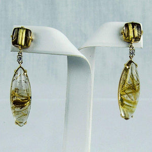 Rutilated Quartz Diamond Gold Statement Earrings