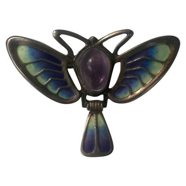 Art Nouveau Enamel Amethyst Silver Dragonfly Brooch Pin Fine Estate Jewelry