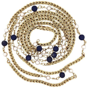 Vintage Tiffany & Co. Lapis & Pearl Long Gold Chain Necklace Estate Fine Jewelry