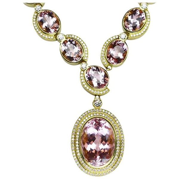 67.50 Carat Morganite and 2.90 Carat Diamond Gold Necklace Fine Estate Jewelry
