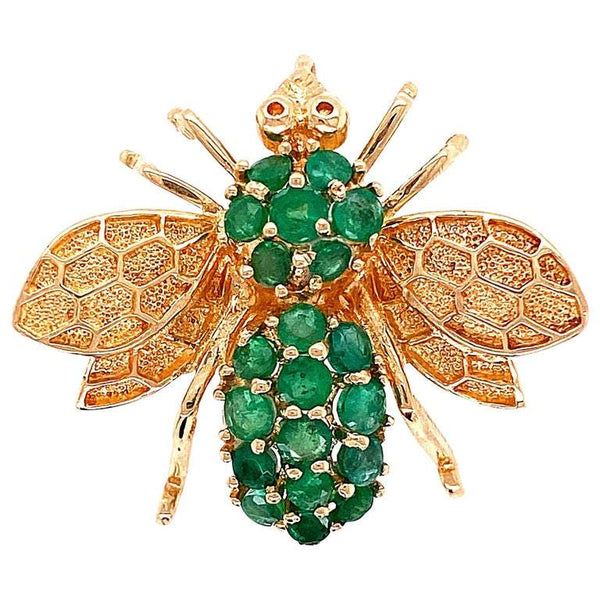 Emerald and Gold Rozental Bee Brooch Pin Pendant Estate Fine Jewelry