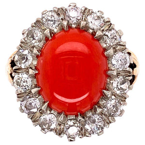2 Carat Coral and Diamond Gold Cocktail Ring Fine Estate Jewelry