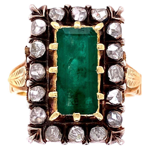 Emerald and Diamond Victorian Style Gold Cocktail Ring Estate Fine Jewelry