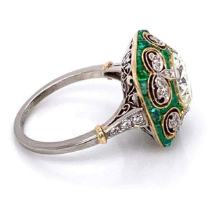 Emerald and Diamond Art Deco Style Platinum Engagement Ring Fine Estate Jewelry