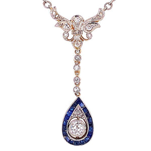 Edwardian Diamond and Sapphire Platinum on Gold Necklace Estate Fine Jewelry