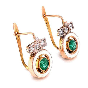 Victorian Style Emerald Diamond White Enamel Gold Earrings Fine Estate Jewelry