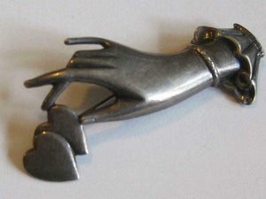 Antique Sterling Silver Hand and Hearts Brooch Pin