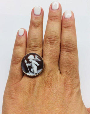 Delightful Winged Cherub with Staff Cameo Rose Gold Silver Ring