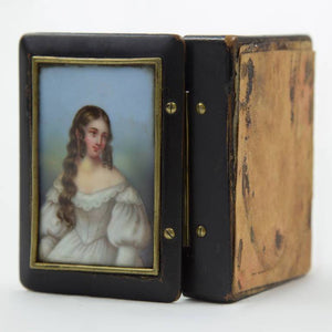 Antique Snuff Trinket Box Ebonized Wood Porcelain Miniature Portrait