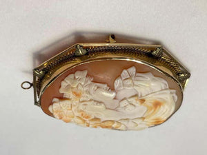 Hand Carved Shell Portrait Cameo Yellow Gold Pin Pendant Estate Fine Jewelry
