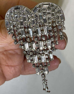 Signed Yves Saint Laurent Sparkling Crystal Heart Dangle Statement Clip Earrings