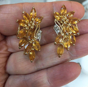 Honey Topaz Spray and Diamond Gold Stud Earrings