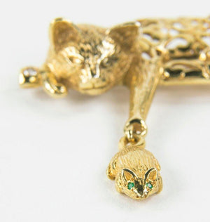 Vintage Whimsical Cat and Mouse Gold Brooch Pin Estate Fine Jewelry