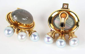 Elizabeth Gage Cabochon Beryl Pearl Diamond Gold Earrings Estate Fine Jewelry