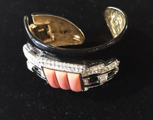 KJL Kenneth Jay Lane Faux Coral Diamante Black Enamel Hinged Cuff Bracelet
