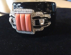 KJL Kenneth Jay Lane Faux Coral Diamante Black Enamel Hinged Cuff Bracelet