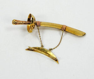 Antique Sword and Sheath Engraved Two-tone Gold Jabot Brooch Pin