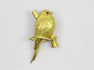 Robin Bird with Ruby Eye Perched on Gold Branch Brooch Pin