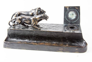 Art Deco Austrian Bronze Lion and Lioness Inkwell Desk Stand Signed F.Gornik