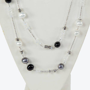 Faux Pearl Opalescent Crystal and Silver Beads Runway Necklace