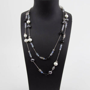 Faux Pearl Opalescent Crystal and Silver Beads Runway Necklace