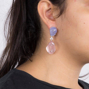 Pink Quartz and Blue Chalcedony Diamond Statement Earrings