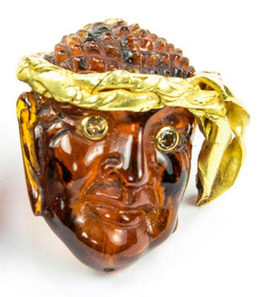 Estate Outstanding Gemstone Amber 22 Karat Gold Pirate Mask Antique Brooch Pin