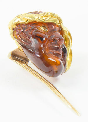 Estate Outstanding Gemstone Amber 22 Karat Gold Pirate Mask Antique Brooch Pin