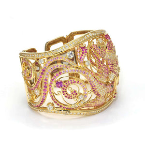 Birds of Paradise Pink Sapphires and Diamonds Rose Gold Wide Cuff Bracelet