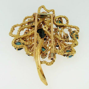 Antique Tourmaline Sapphire and Diamond 18K Gold Brooch Pin Estate Fine Jewelry