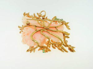 Angel Skin Coral Emerald Diamond Gold Brooch Pin Pendant Estate Fine Jewelry