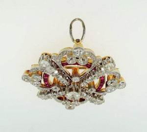 Antique Art Deco Ruby Diamond Platinum 18K Brooch Pendant Estate Fine Jewelry