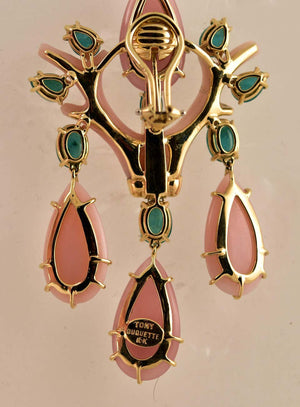 Pink Opal Quartz Emerald & Diamond Gold Drop Earrings Tony Duquette Fine Jewelry