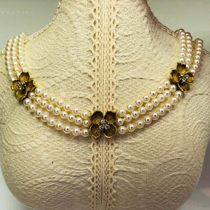Tiffany & Co. Triple-Strand Pearl and Diamond Gold Necklace Fine Estate Jewelry
