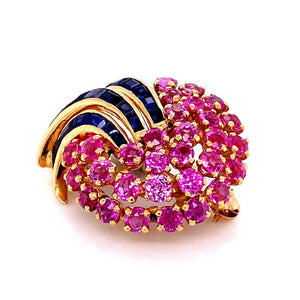 Antique Retro Pink and Blue Sapphires Gold Brooch Pin Estate Fine Jewelry France