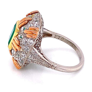 2.2 Carat Emerald and Diamond Retro Style Platinum Gold Ring Fine Estate Jewelry