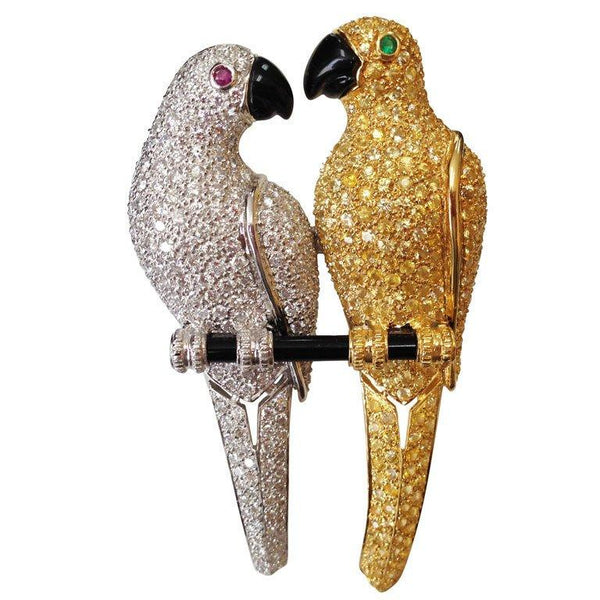 Diamond Parrots Perched on a Branch Gold Brooch Pin