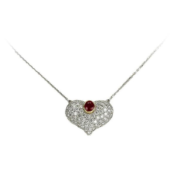 3.25 Carat Ruby Diamond Gold Heart Statement Necklace